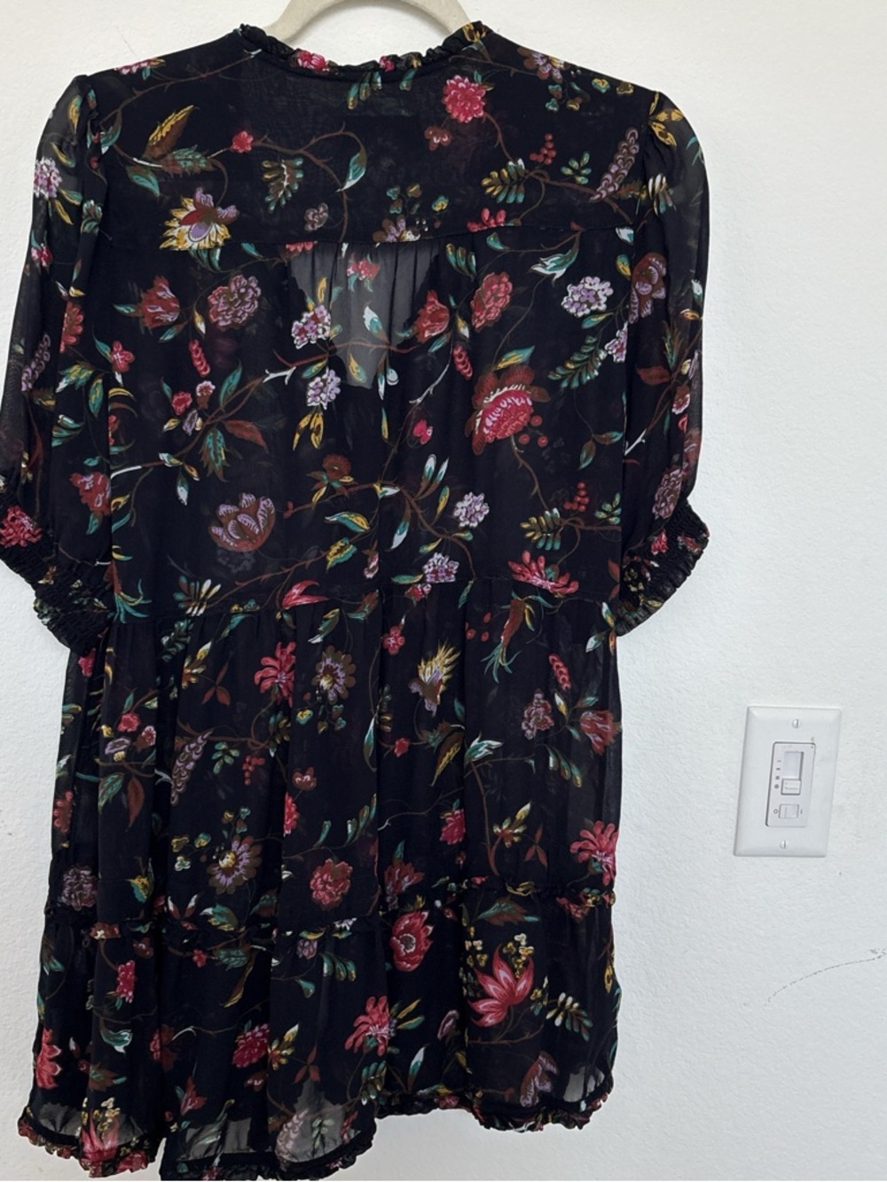 Anthropologie Black Floral Tiered Mini Dress with Pink, Red and Green Botanicals